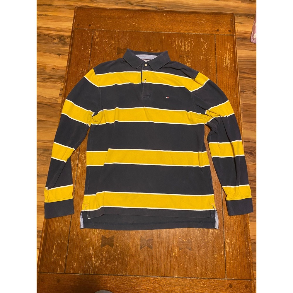 Tommy Hilfiger‎ Men's Small Navy Yellow Striped Long Sleeve Polo Classic